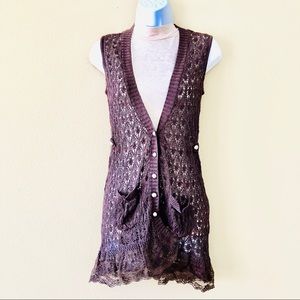 SEA,TREE⚡️Lace Trim Crochet Long Cardigan Vest_S/M